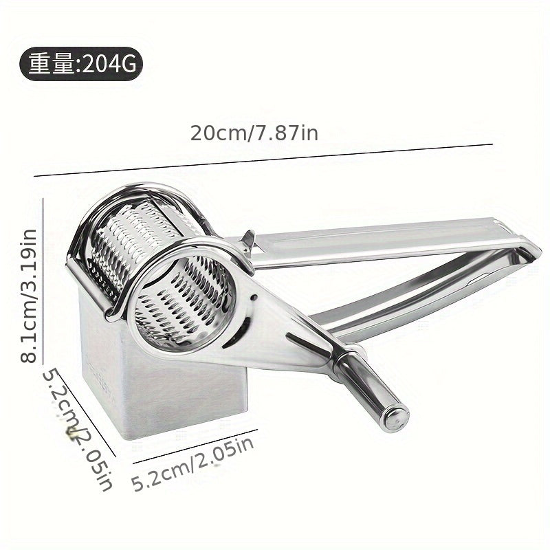 Premium Stainless Steel Cheese Grater - Manual Rotary Shredder with Interchangeable Blades, Durable Metal Kitchen Tool.