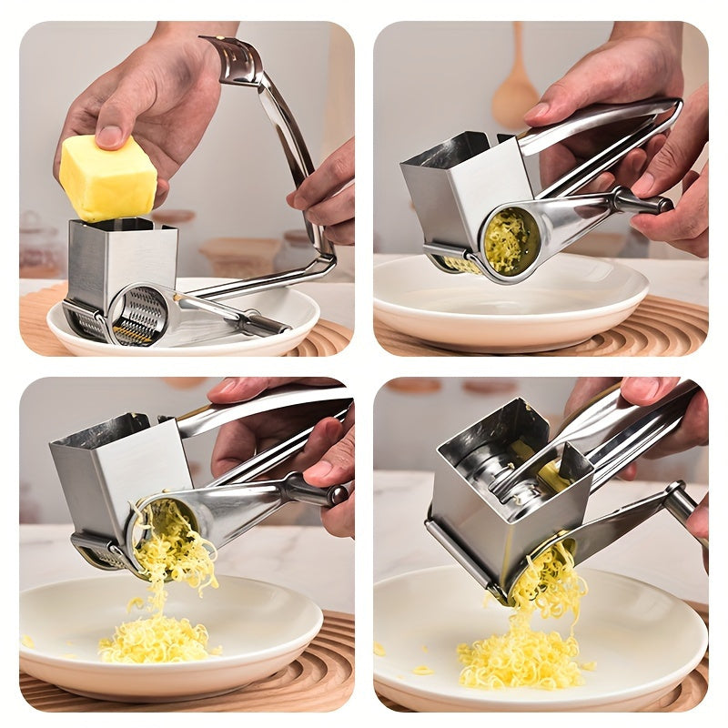 Premium Stainless Steel Cheese Grater - Manual Rotary Shredder with Interchangeable Blades, Durable Metal Kitchen Tool.