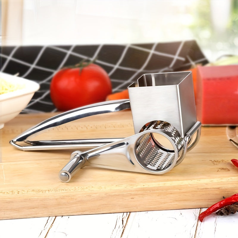 Premium Stainless Steel Cheese Grater - Manual Rotary Shredder with Interchangeable Blades, Durable Metal Kitchen Tool.