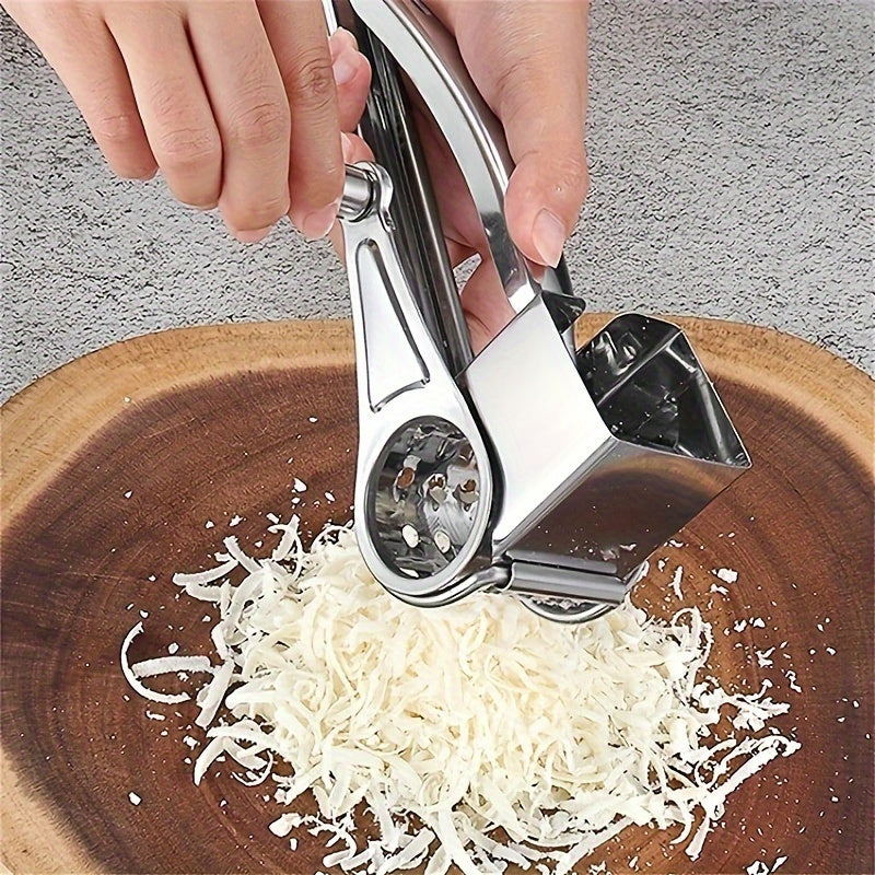 Premium Stainless Steel Cheese Grater - Manual Rotary Shredder with Interchangeable Blades, Durable Metal Kitchen Tool.