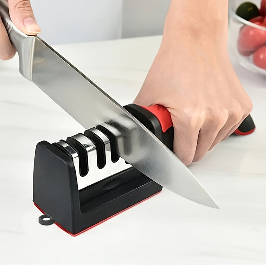 4-Stage Professional Knife Sharpener with Tungsten Steel, Diamond, and Ceramic Sharpening Stones - Ideal for Kitchen Knives, Red & Black Base, Efficient Blade Restoration