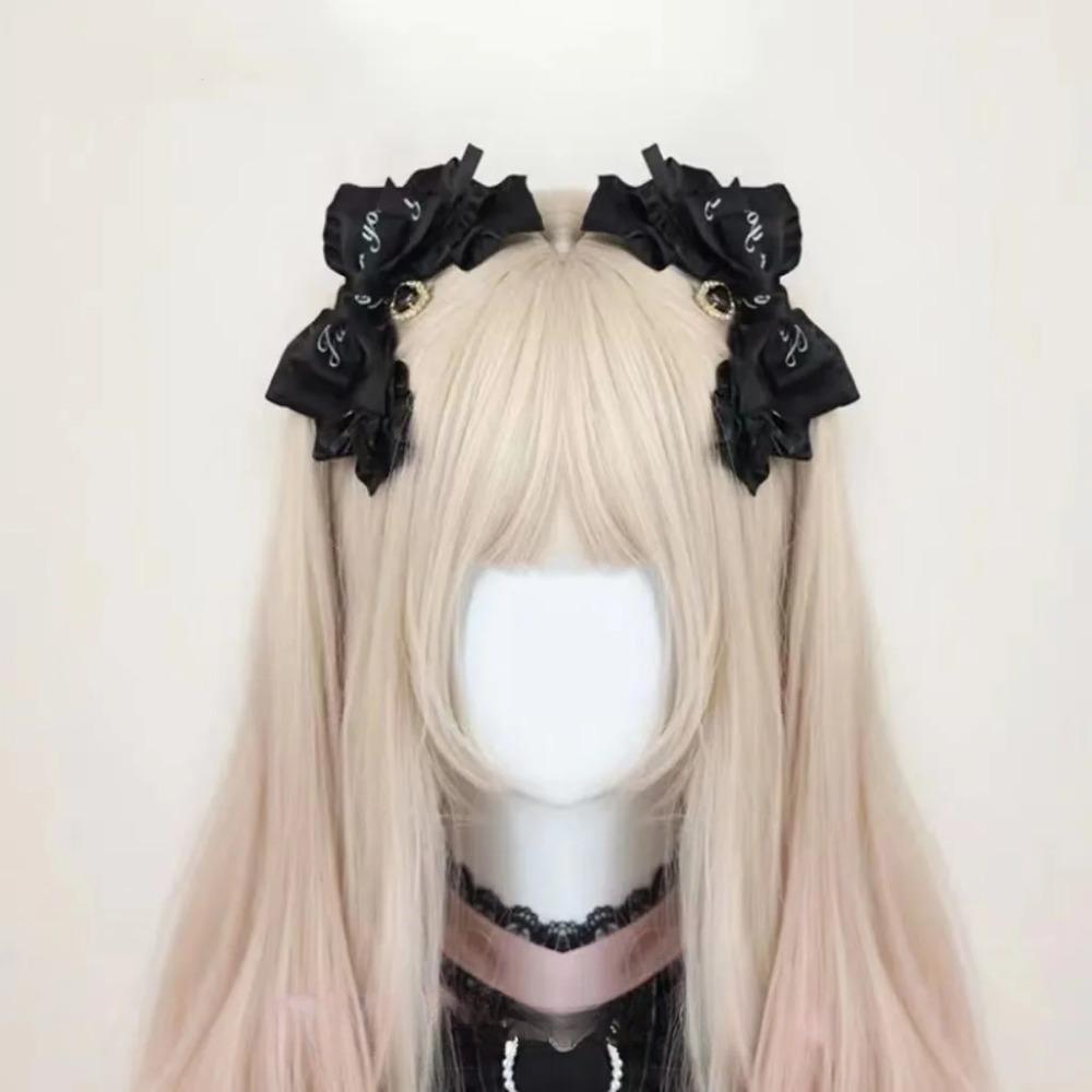 [Cute Hair Clip] Elegant Cute 1pc Fabric Bow Hair Clip | Black and Pink Handmade Japanese Sweet Cool Anime Accessory, Single Piece Color Matching Printed Hair Ring, Hair Accessory
