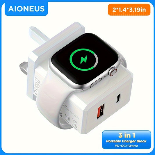 Aioneus for Apple Watch Charger UK Plug, Magnetic Wireless Charger for Apple Watch 8/7/6/5/SE, 18WQC+20WPD USB C Wall Power Adapter for iPhone 11/12/13/14/15/Pro Max, XS/XR/X, SamsungS24/S23/22/21 Galaxy, iPad Pro, and More