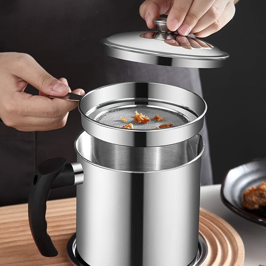 1pc Stainless Steel Kitchen Storage Container with Strainer, 1.8L/60oz - Easy-Grip Handle for Cooking Oil & Grease Separation - Ideal for Home, Hotels, Restaurants