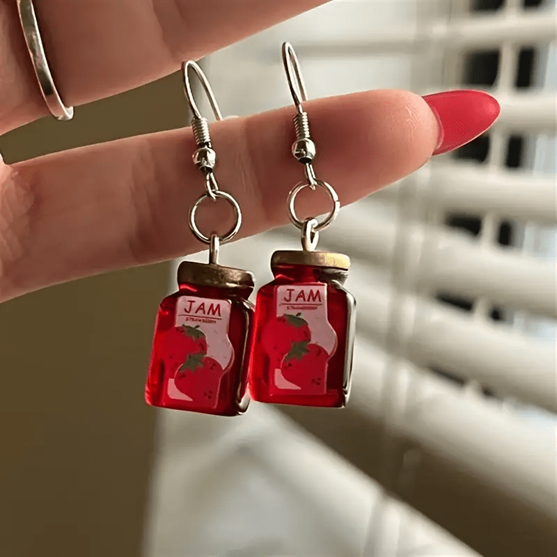 1 Pair Strawberry Jam Jar Earrings, Cute Resin Dangle Earrings for Women, Fashionable Jewelry Accessory for Daily Wear and Vacation, No Feather, Copper Ear Wires, All-Season Use