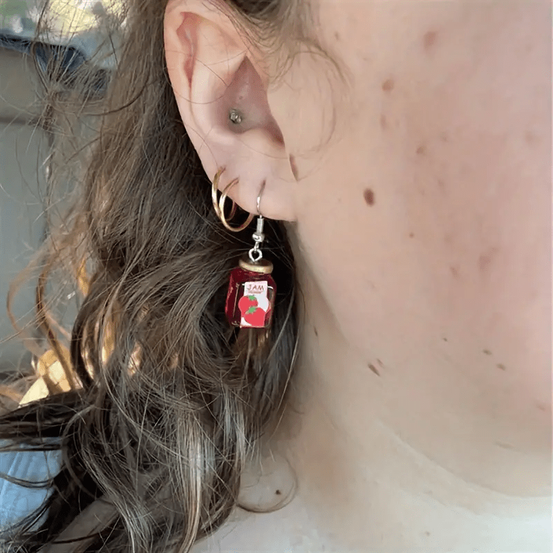 1 Pair Strawberry Jam Jar Earrings, Cute Resin Dangle Earrings for Women, Fashionable Jewelry Accessory for Daily Wear and Vacation, No Feather, Copper Ear Wires, All-Season Use