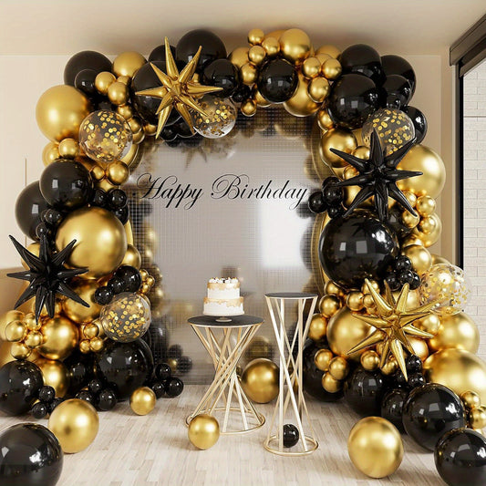 147pcs Black & Golden Balloon Arch Kit, Starburst Aluminum Film Balloons, Versatile Party Decor for Weddings, Birthdays, Anniversaries, Graduations, All Seasons Celebrations, No Electricity Needed
