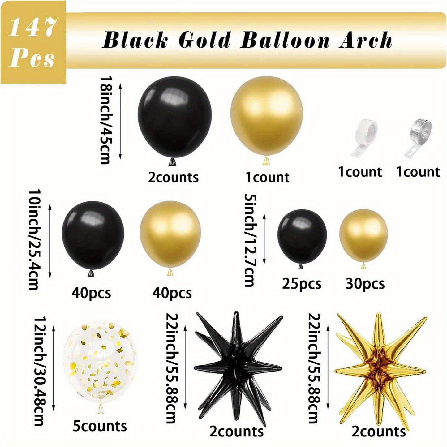 147pcs Black & Golden Balloon Arch Kit, Starburst Aluminum Film Balloons, Versatile Party Decor for Weddings, Birthdays, Anniversaries, Graduations, All Seasons Celebrations, No Electricity Needed