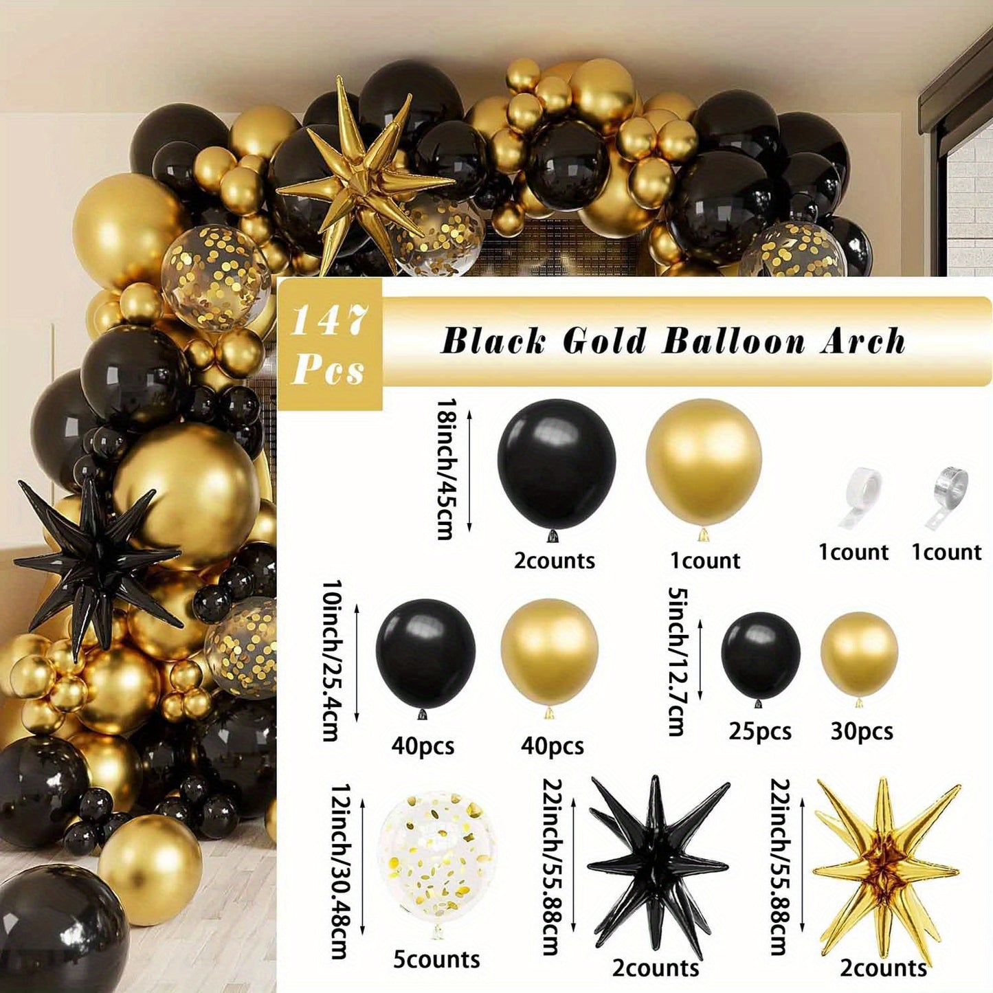147pcs Black & Golden Balloon Arch Kit, Starburst Aluminum Film Balloons, Versatile Party Decor for Weddings, Birthdays, Anniversaries, Graduations, All Seasons Celebrations, No Electricity Needed