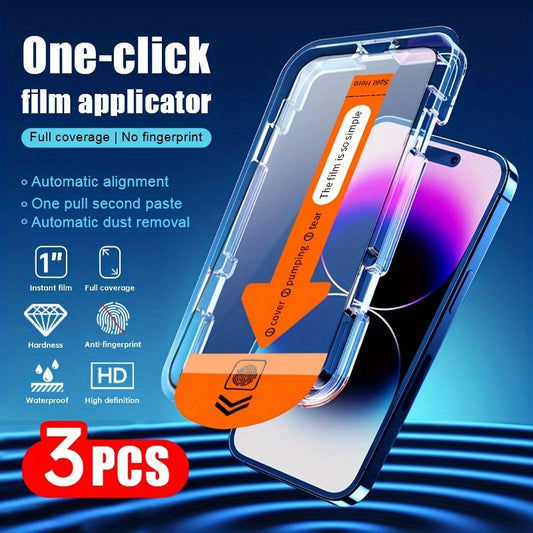 3-Pack Tempered Glass iPhone Screen Protector, One-Click Application, High Definition, Glossy Finish, Full Coverage Anti-Fingerprint Film for Models 7/8 Plus, XR, XS, MAX, 11, 12, 13, 14, 15, Pro Max