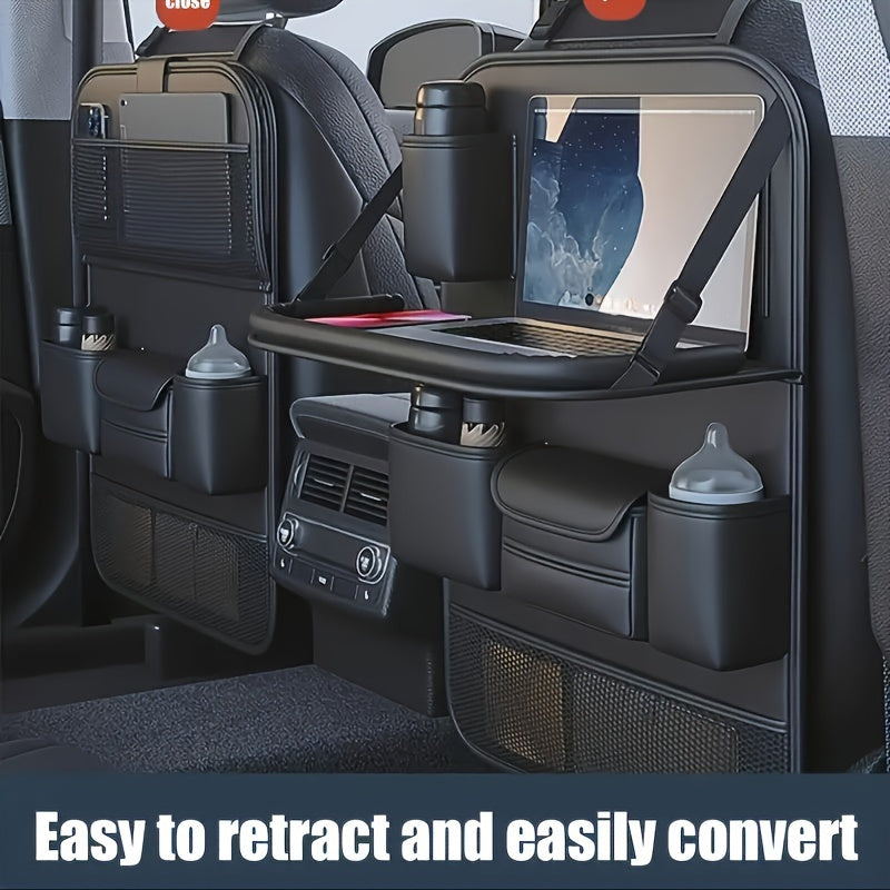 Luxe Faux Leather Car Backseat Organizer with Foldable Tray - Multi-Pocket Storage for Toys & Essentials, Fit, Travel-Friendly Design, 1pc, Storage & Organization for Home & Garage