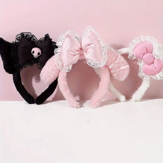 [Hello Kitty Plush Hair Accessory] Sanrio Hello Kitty & Friends Plush Bow Headband - Cute Lace Hair Accessory for Women, Perfect for Christmas