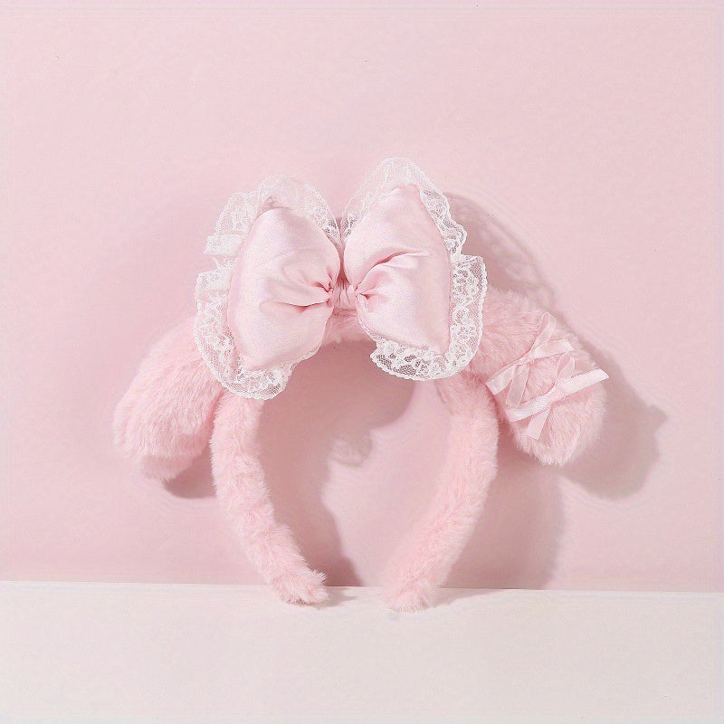 [Hello Kitty Plush Hair Accessory] Sanrio Hello Kitty & Friends Plush Bow Headband - Cute Lace Hair Accessory for Women, Perfect for Christmas