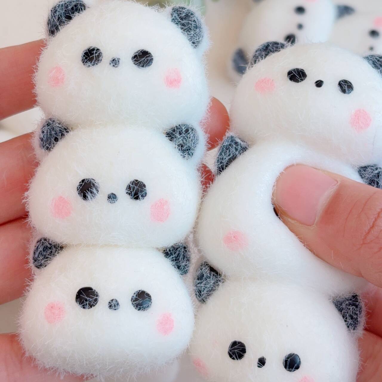 Adorable Blush Three-in-a-Row Panda Squeeze Toy with Slow Rebound and Creamy Texture, Soft Touch, Desk Companion, Holiday Gift