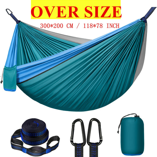 Extra-Large Double Camping Hammock, 3m x 2m (300*200cm), Includes Two 2m Tree Straps, Two D-Shaped Stainless Steel Hooks, and a Storage Bag, Each Tree Strap 8+1 Rings, Portable Hammock Made of 210T Parachute Material. Durable