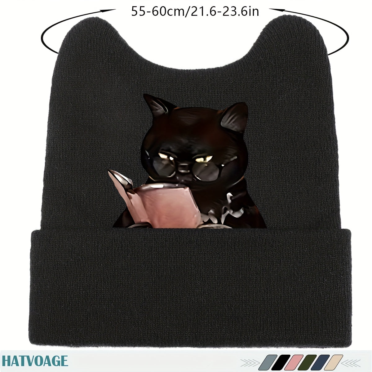 1pc Cute Black & White Cat Ear Beanie Hat with Book-Loving Siamese Cat Face