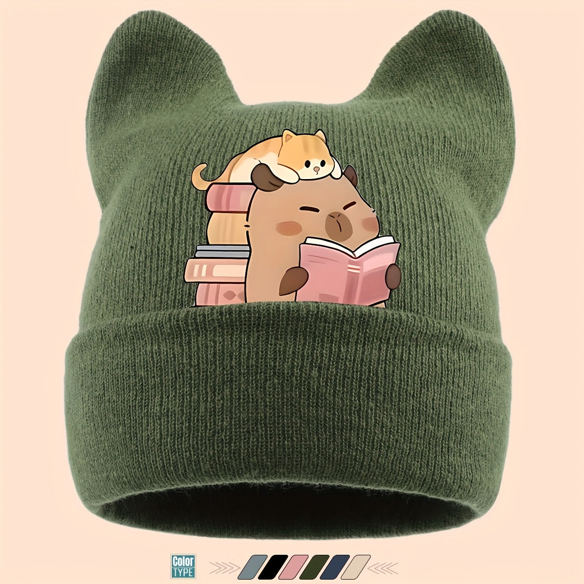 1pc Warm Soft Ear Beanie Hat with Cute Capybara Print