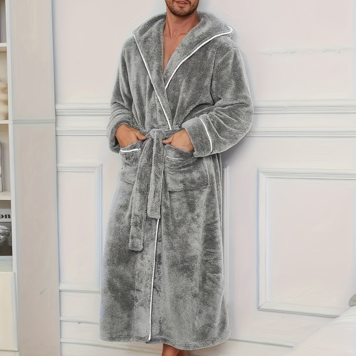 Luxurious Men's Black Fleece Bathrobe with Colour-Block Design. - Soft, Comfortable Long Sleeve Hooded Robe with Belt Detail, Machine Washable.