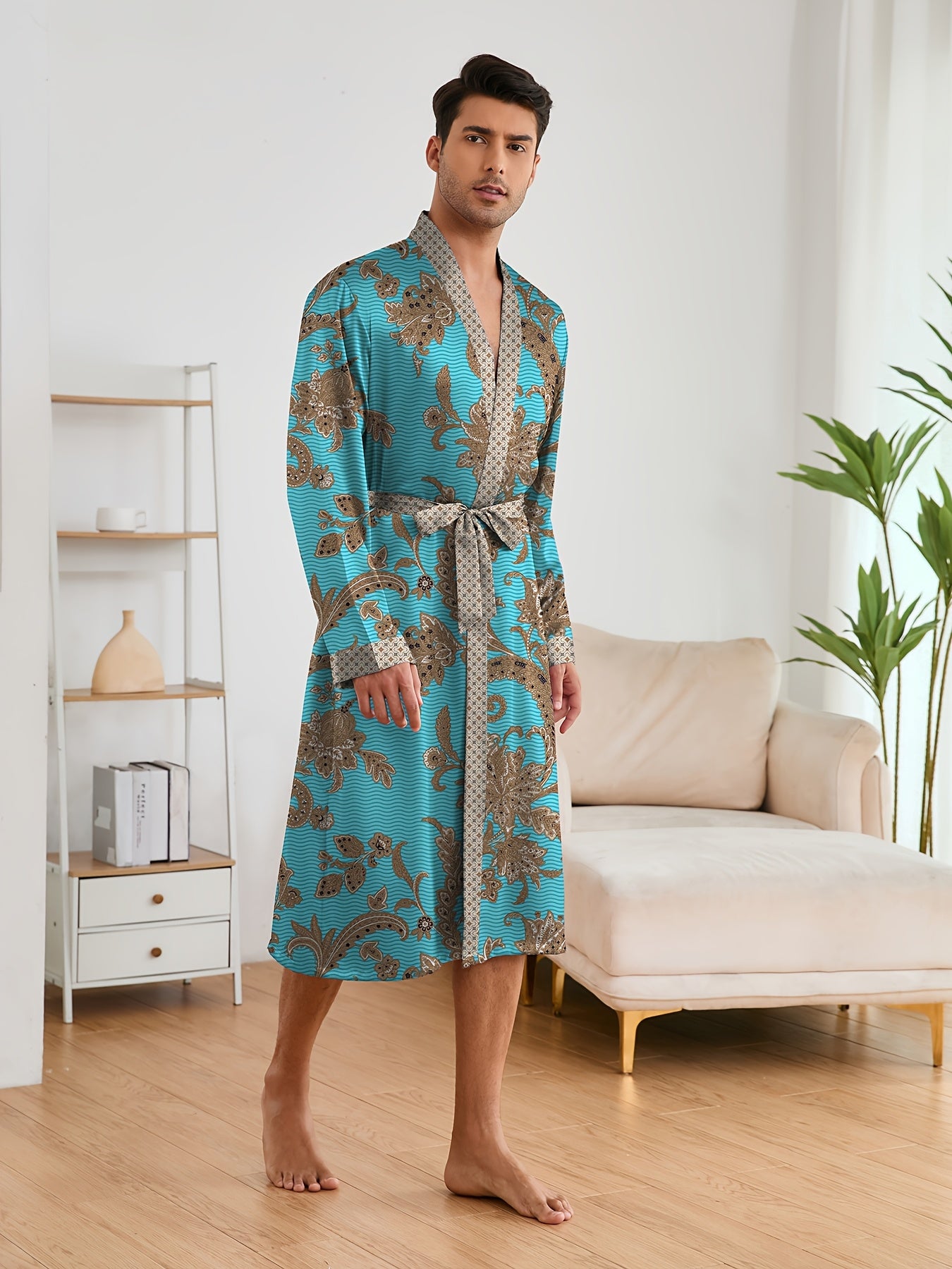 Men's Sleep Robe, Elegant And Light Luxury Pajamas Set, Stylish Gorgeous Floral Print, V-neck Long Sleeve .