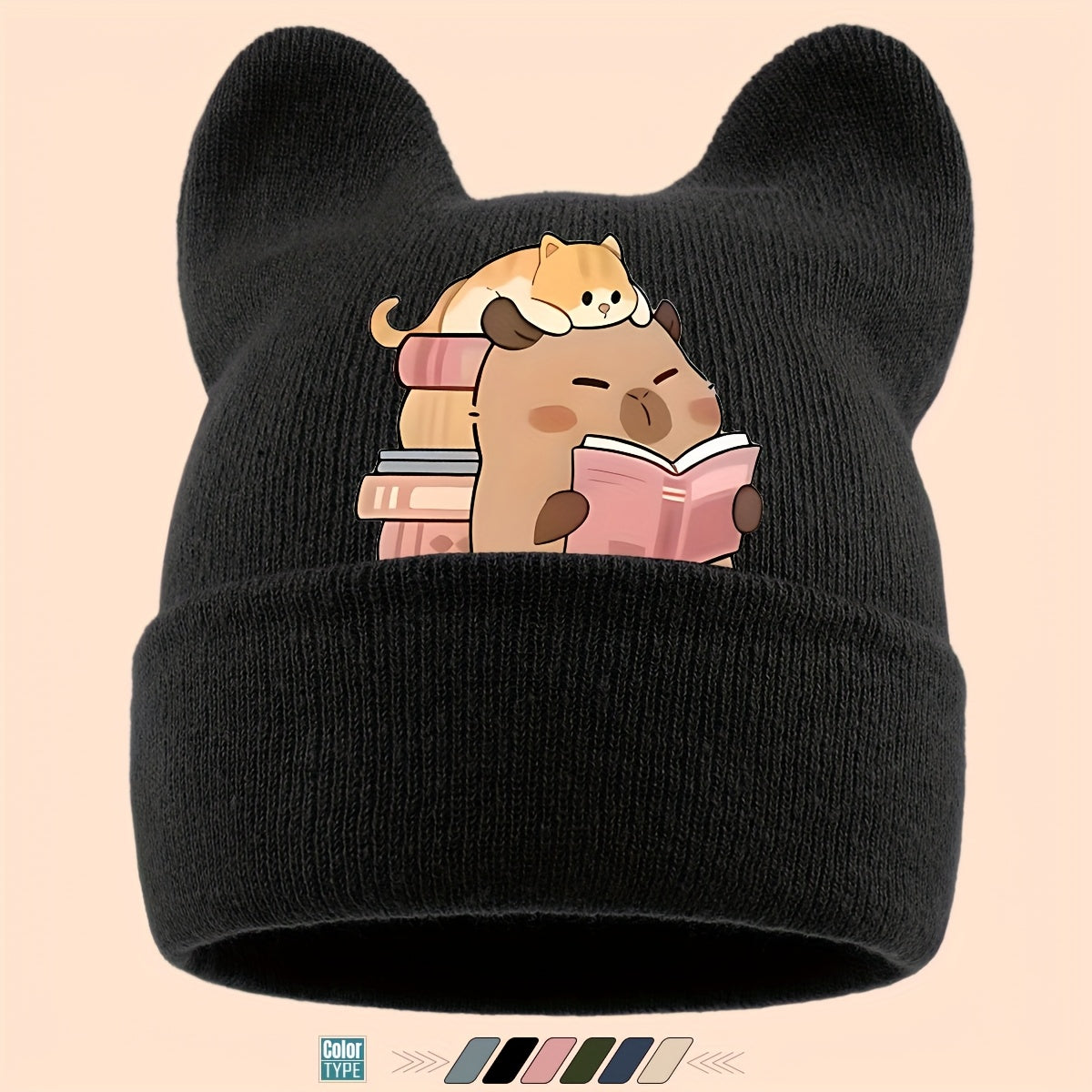 1pc Warm Soft Ear Beanie Hat with Cute Capybara Print