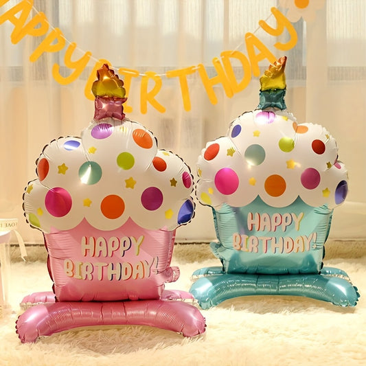 1pc Aluminum Film Standing Cake Balloon - Pink and Blue Happy Birthday Decoration, Photography Prop, and Background Decor - Ideal for Birthday Party Celebration