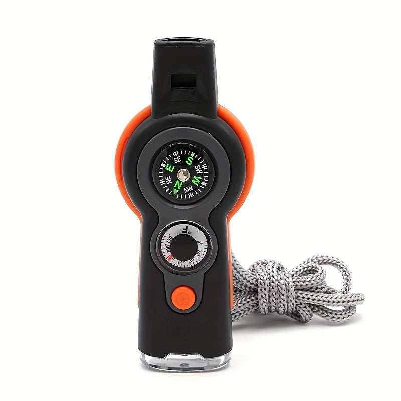 7-in-1 Survival Whistle with Compass, Magnifying Glass, Thermometer, and Emergency Functionality – Durable ABS Material, Black & Orange Design, Perfect for Outdoor Adventures