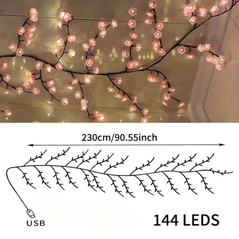 1pc Kinpho Cherry Blossom LED Branch Lights, 72/96/144 LEDs, Flexible and Bendable Sakura Vine String Lights, 8 Flashing Modes, USB Powered, DIY for Indoor Atmosphere Decoration, Ideal for Bedroom, Living Room, Wall, Party, H