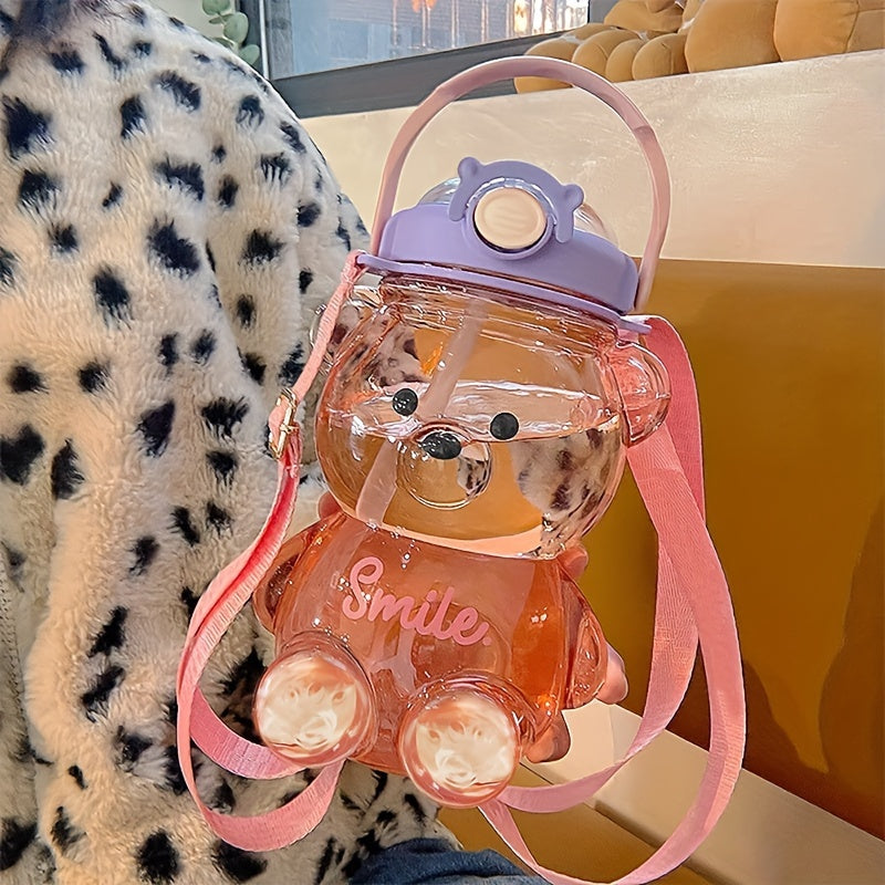 1pc Cute Bear Handheld Water Bottle, 34 oz/1000ml Large Capacity, PC Material, Flip Top, Straw Lid, Uncharged - Ideal for Milk, Tea, and More