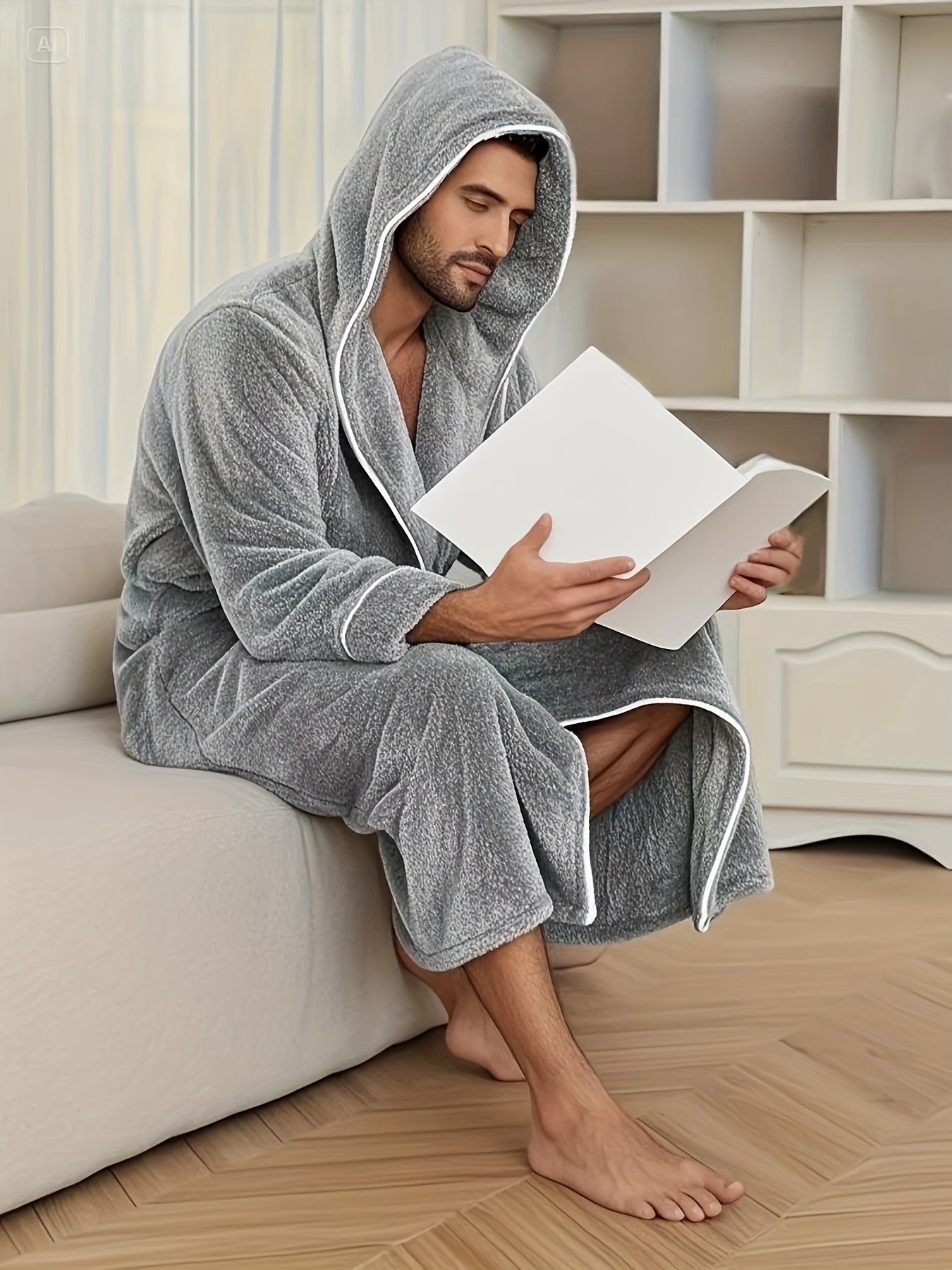 Luxurious Men's Black Fleece Bathrobe with Colour-Block Design. - Soft, Comfortable Long Sleeve Hooded Robe with Belt Detail, Machine Washable.