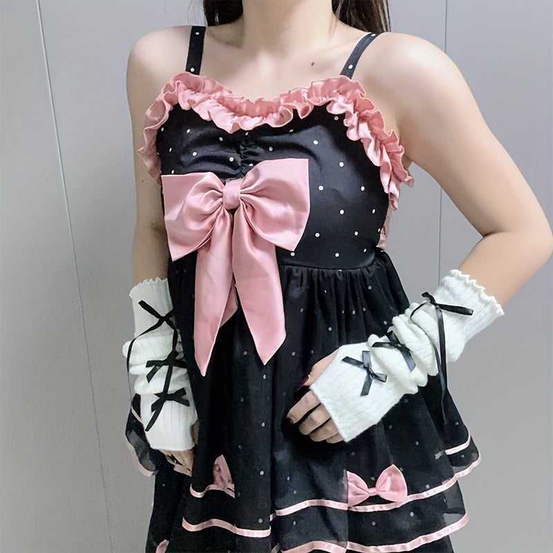 [Y2K Chic Gloves] Pink Bow Y2K Chic Fingerless Gloves - Sweet Style JK Fashion Accessories with Ruffles