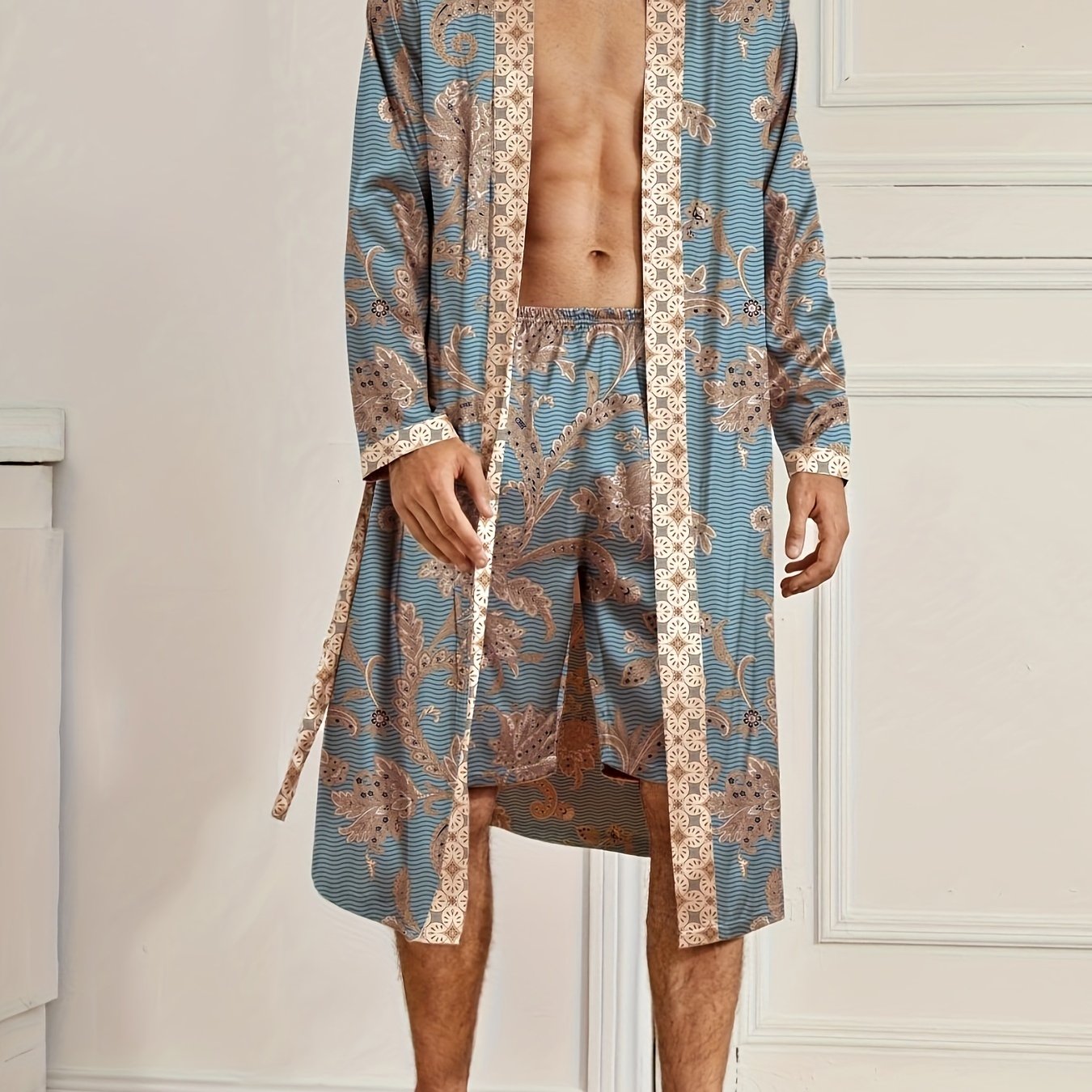 Men's Sleep Robe, Elegant And Light Luxury Pajamas Set, Stylish Gorgeous Floral Print, V-neck Long Sleeve .