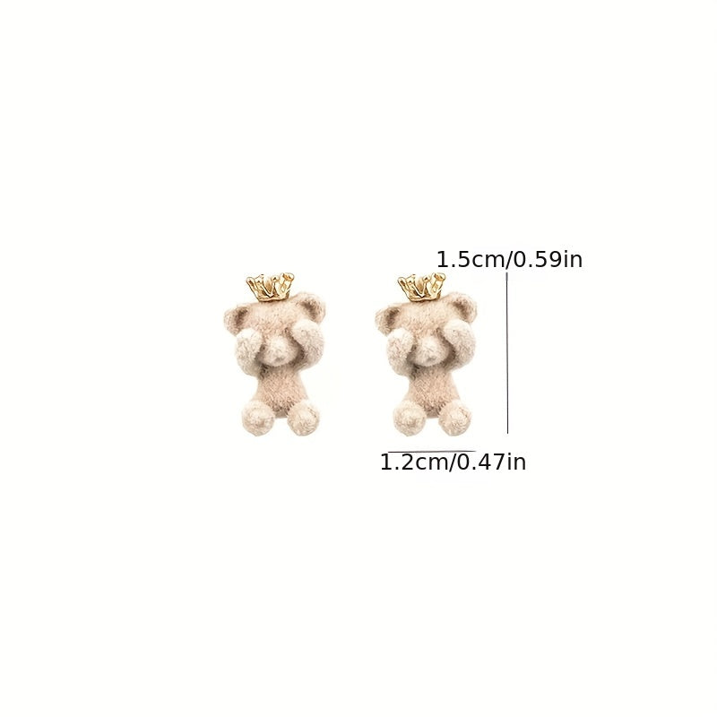 Cute Plush Bear Stud Earrings With Crown | Jewelry Gift