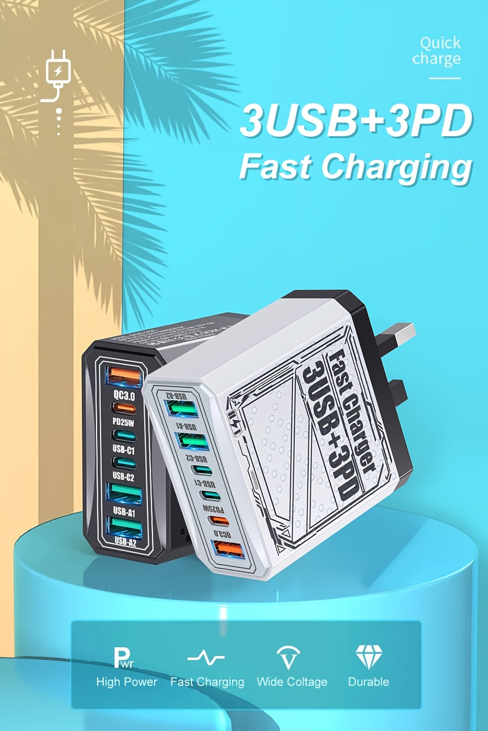 40W Fast Charger with QC3.0 & PD Dual Port USB-C Wall Charger, UK Plug Travel Adapter for iPhone Android Phones, Compact Lightweight Design