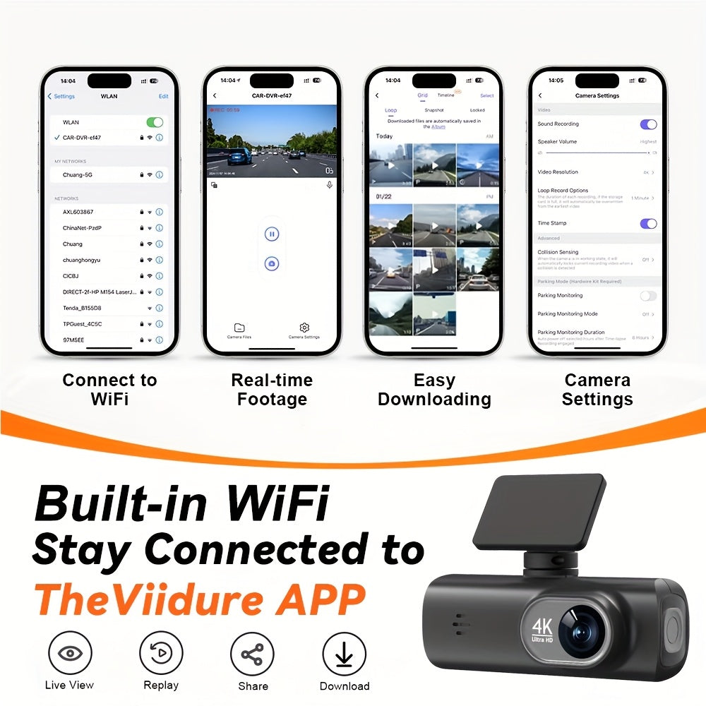 Mini 4K Dash Cam, Dual Lens, WiFi, 64GB