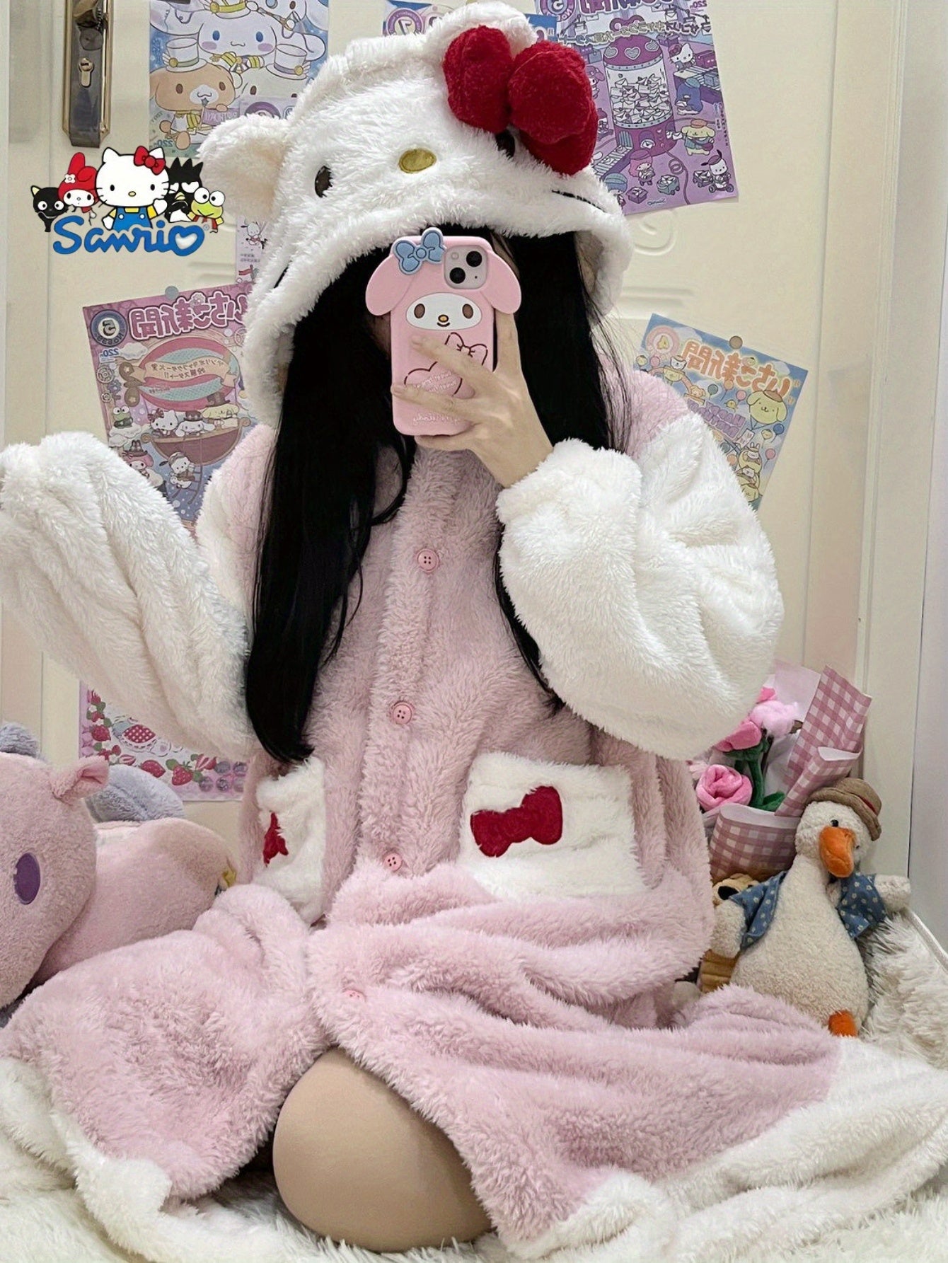 Mother's Day Gift Sanrio New Hello Kitty Women's Autumn Winter Warm Pink Coral Fleece Home Robe.