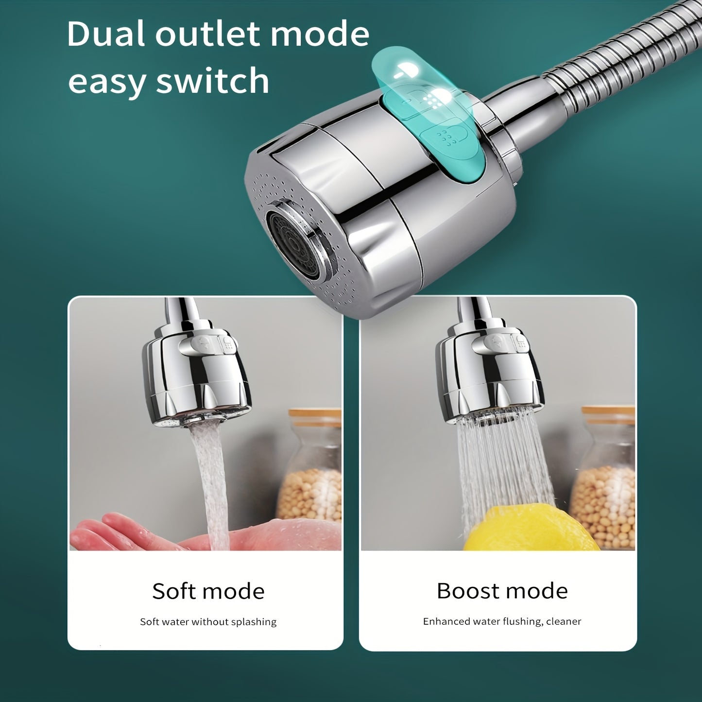 [Stainless Faucet] 1pc Stainless Steel 360° Swivel Kitchen Faucet Sprayer | 2-Speed Universal Sink Head with Splash-Proof Extension, Water Saving Household Tap Aerator, Single-Hole Deck Mount, Classic