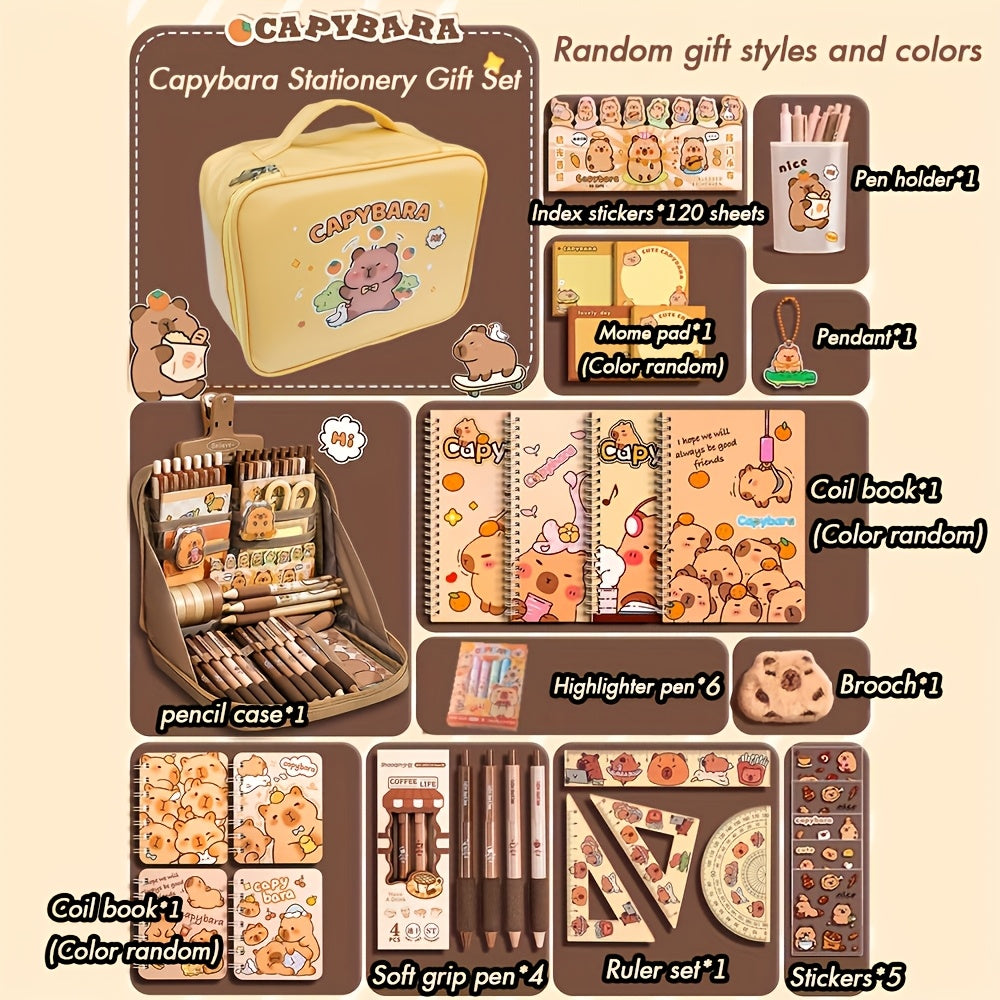 Adorable Capybara Stationery Gift Set | Soft Grip Pens, Notebook, Pencil Case & Accessories - Cute Animal Back-to-School Supplies and College Gifts