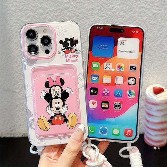 Disney Series Mobile Phone Case, Mickey Minnie Compatible with iPhone16 16promax 13 14 15 15pro 15promax 16pro XSMAX XR 7/8/mini13/mini12 Card Holder, Card Bag, with Lanyard This soft protective case provides full body protec