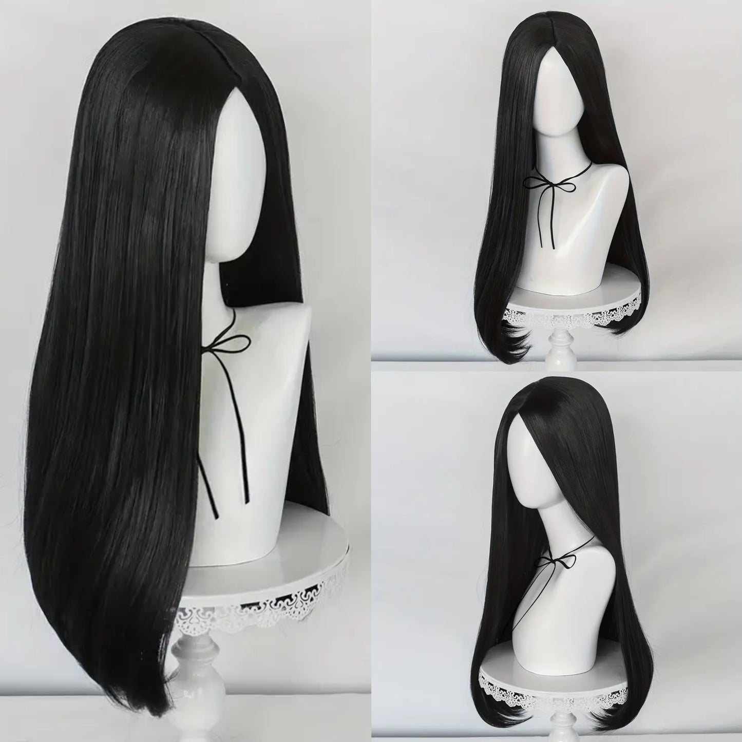 Anime Cosplay Wig 60cm, Unisex Black Long Straight Hair with Middle Part, Heat Resistant Synthetic Wig with Buckle Net Cap for Halloween, Christmas, Conventions and Parties