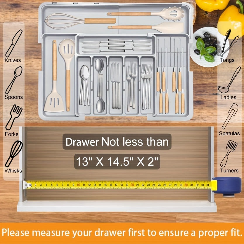THELiFE Kitchen Cutlery Drawer Organizer, Expandable Cutlery Drawer Organizer with 2 Knife Holders, Cutlery Holder, Adjustable Plastic Spoon Fork Knife Organizer, Large, Gray