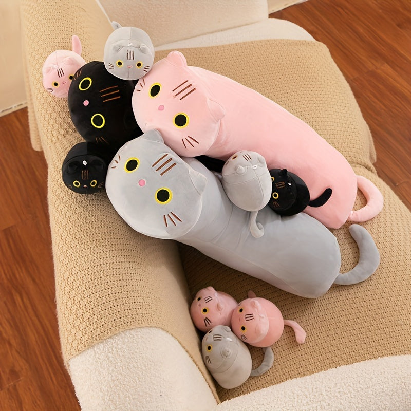 Soft 4pcs Cat Family Plush Toy Set - Cozy Polyester Pillows in Bright Pink, Gray, Black Colors - Stuffed Animal Dolls for Youngsters