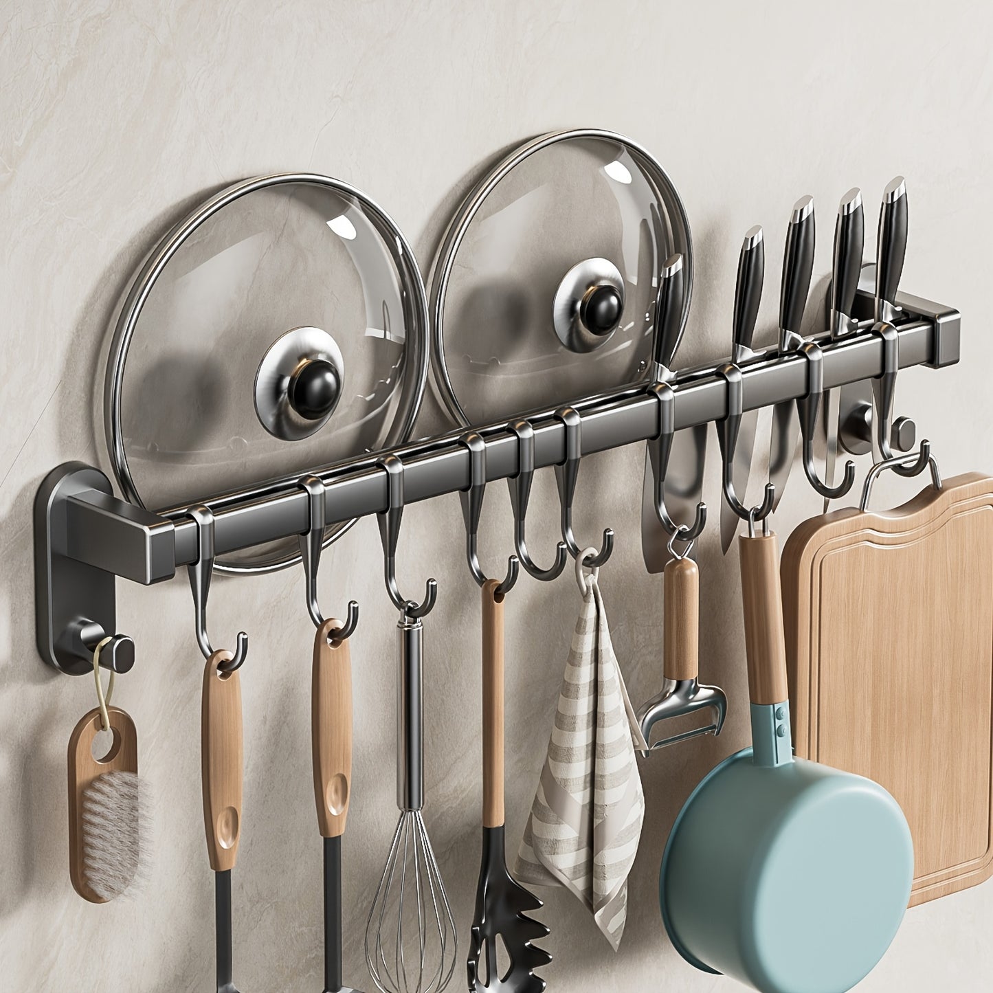 Plastic Kitchen Utensil Storage Rack with 6/8/10 Active Hooks - Wall-mounted Storage Rack for Tableware, Knives, and Pot Lids, with Drainage Hooks, Easy to Install, Suitable for Hanging Storage of Cooking Tools and Towel Rack