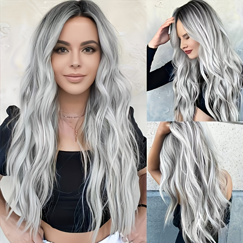 's & 's Black Gray Blonde Ombre Wavy Hair Wig.