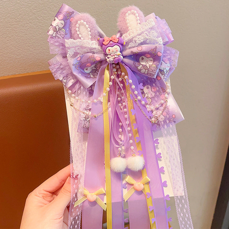 Sanrio Pink Bow Hair Clip with Long Ribbons, My Melody Princess Hair Accessory