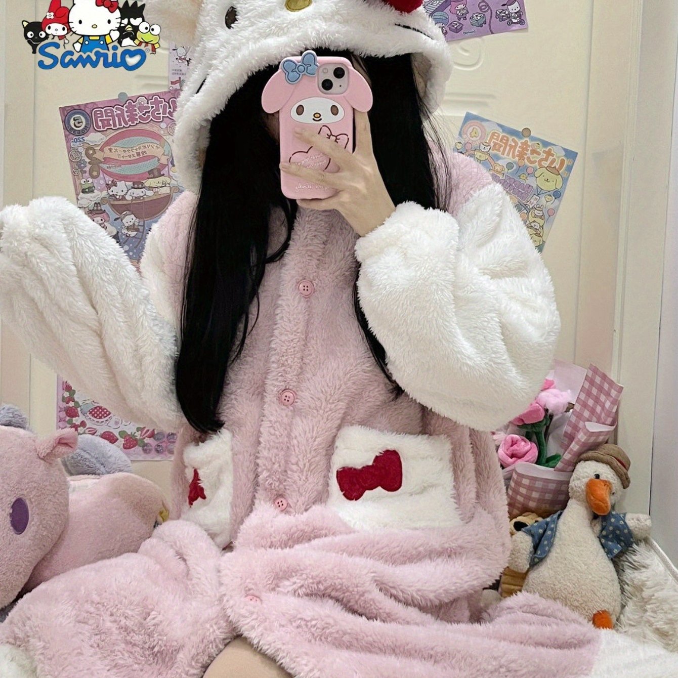 Mother's Day Gift Sanrio New Hello Kitty Women's Autumn Winter Warm Pink Coral Fleece Home Robe.