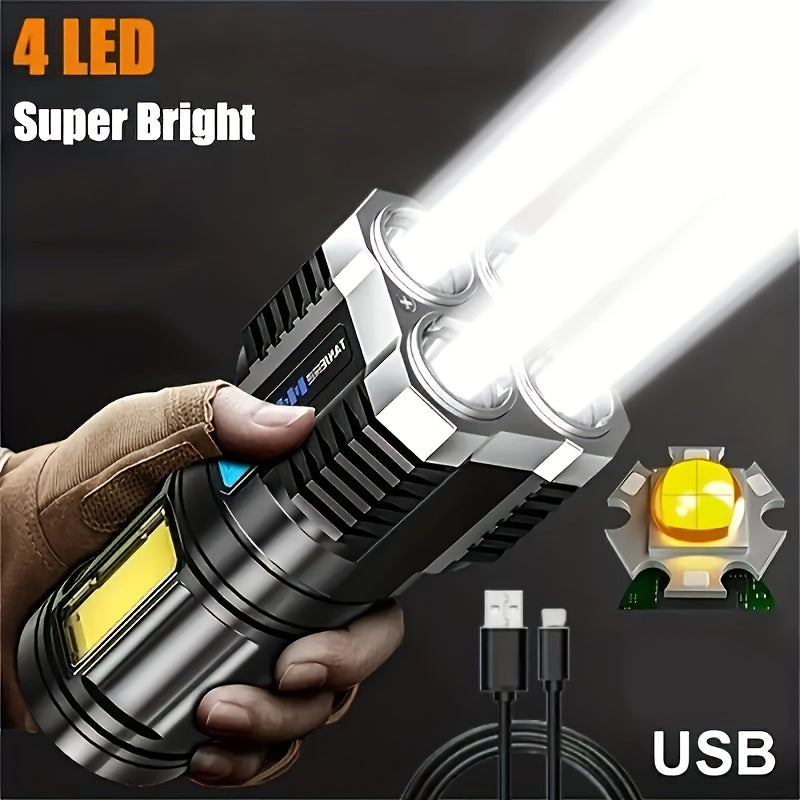 Super Bright 4 LED Tactical Flashlight with COB Side Lamp - USB Rechargeable, Metal Finish, 200 Lumens, 150m Range, ABS Material, No Laser, Rechargeable Battery, Tactical Flashlight|Modern Flashlight|Durable Construction, LED