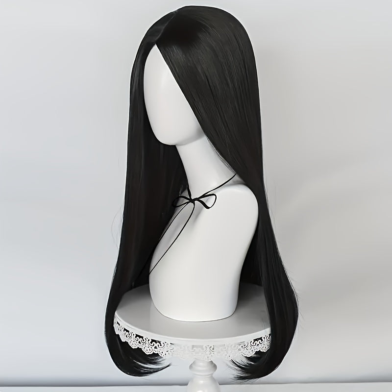 Anime Cosplay Wig 60cm, Unisex Black Long Straight Hair with Middle Part, Heat Resistant Synthetic Wig with Buckle Net Cap for Halloween, Christmas, Conventions and Parties