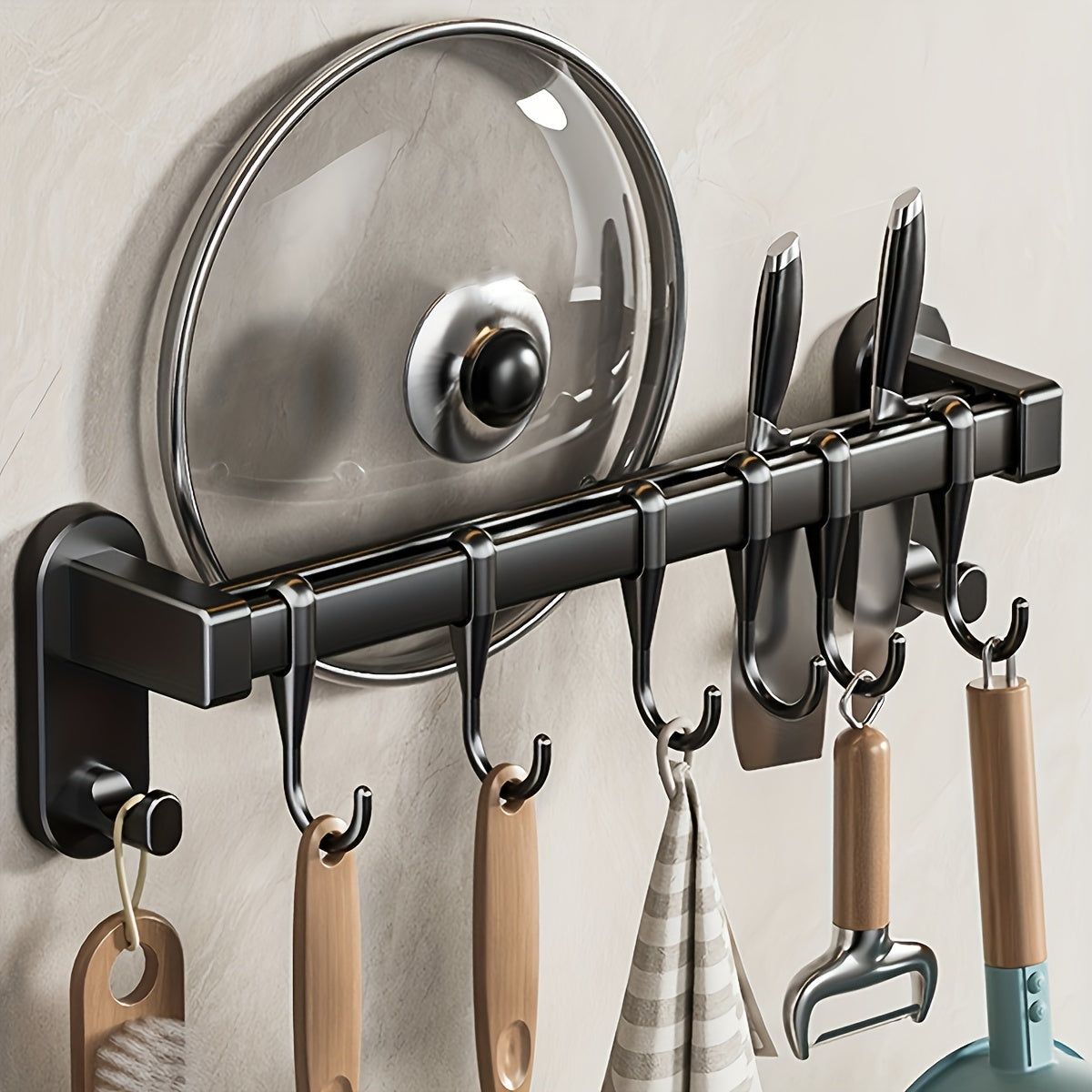 Plastic Kitchen Utensil Storage Rack with 6/8/10 Active Hooks - Wall-mounted Storage Rack for Tableware, Knives, and Pot Lids, with Drainage Hooks, Easy to Install, Suitable for Hanging Storage of Cooking Tools and Towel Rack