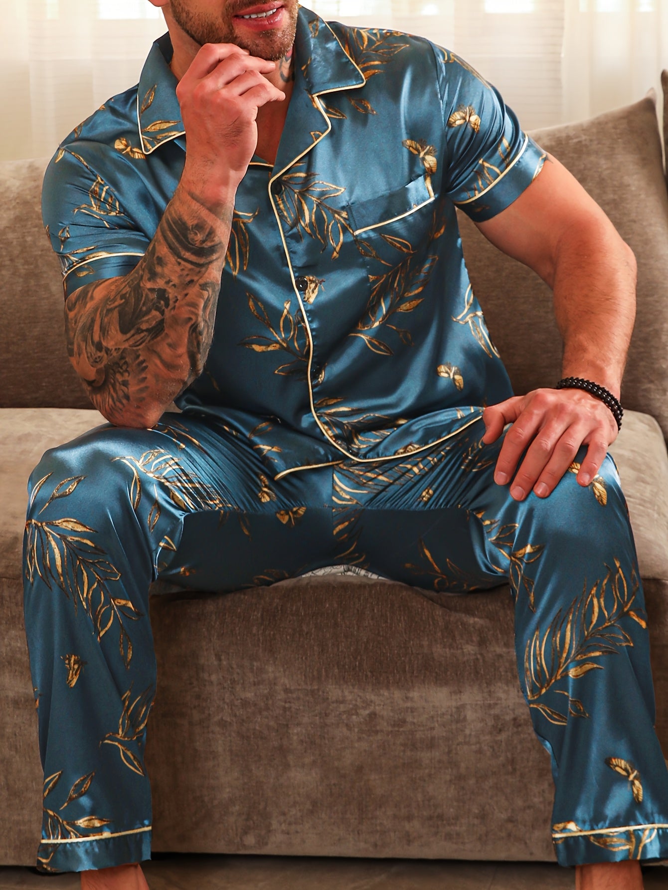 Casual Pajama Set 2pcs Men's Casual Plant Pattern Pajama Set  Short Sleeve.