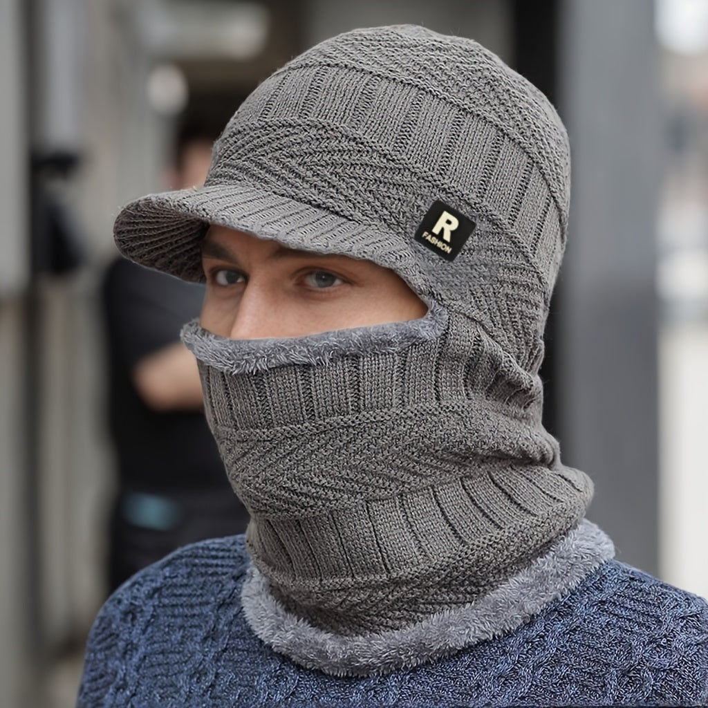 Men's Winter Beanie Hat with Integrated Neck Warmer and Fleece Lining
